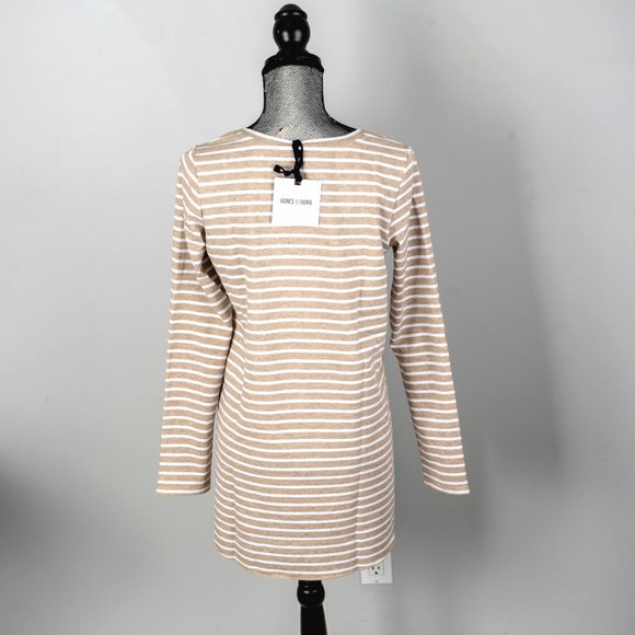 NWT Agnes & Dora Tan & White Speckled Stripe Vincent V-Neck Hi-Low Sweater -M - Picture 4 of 5